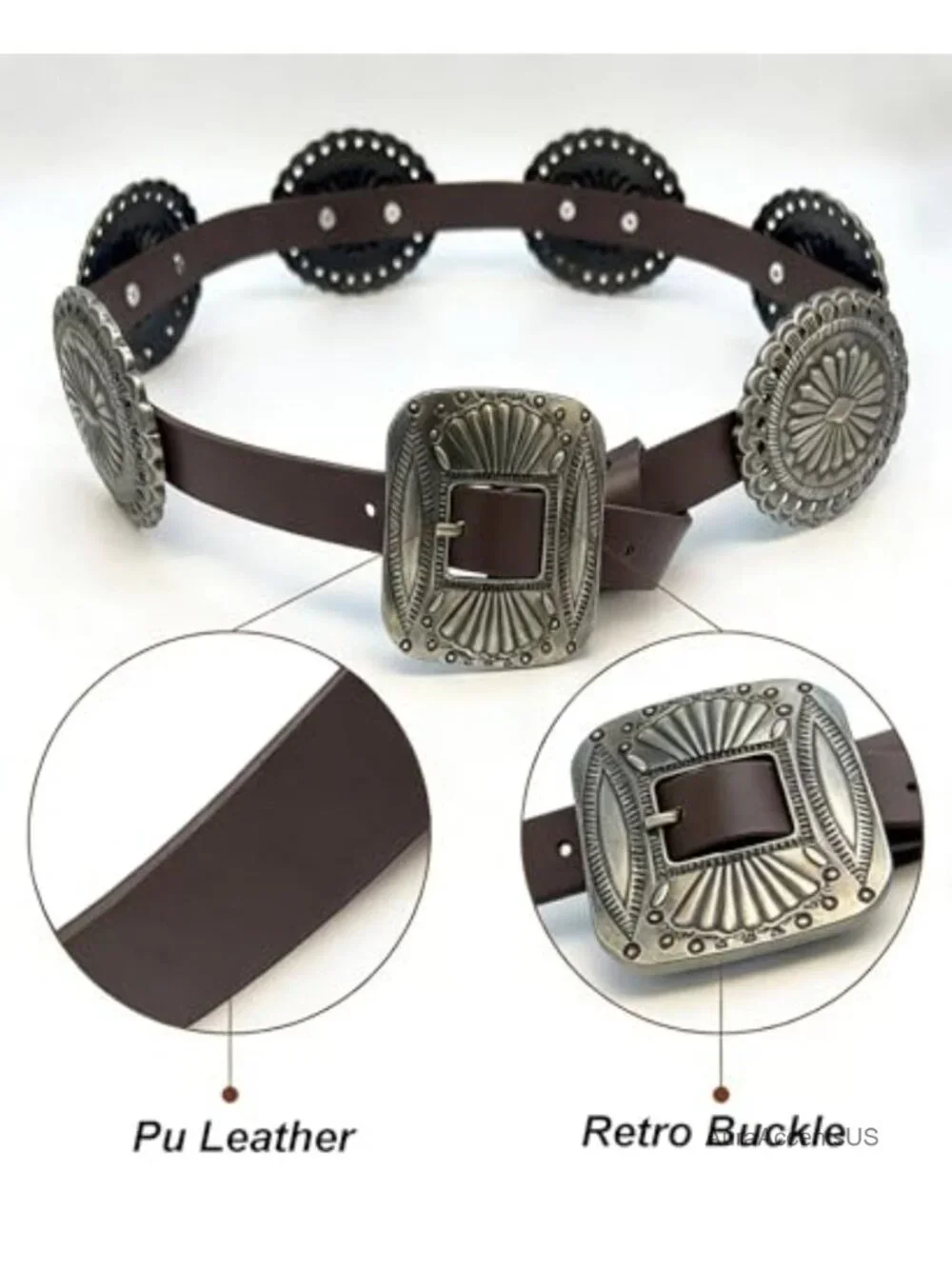 Boho Western Disc Waist Belt Faux Leather Adjustable 43